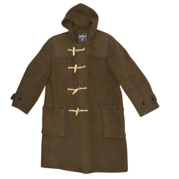 Vintage Gloverall Wool Duffle Coat Green Brown Hooded Made in England Large - Picture 1 of 12